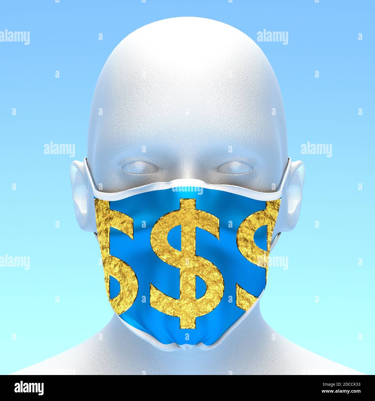 Männliche Schaufensterpuppe trägt eine Maske mit goldenen Dollar-Symbolen Stockfoto