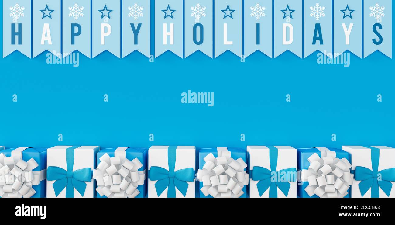 Happy Holidays Banner mit Weihnachtsgeschenken auf blauem Hintergrund 3D 3D-Illustration rendern Stockfoto