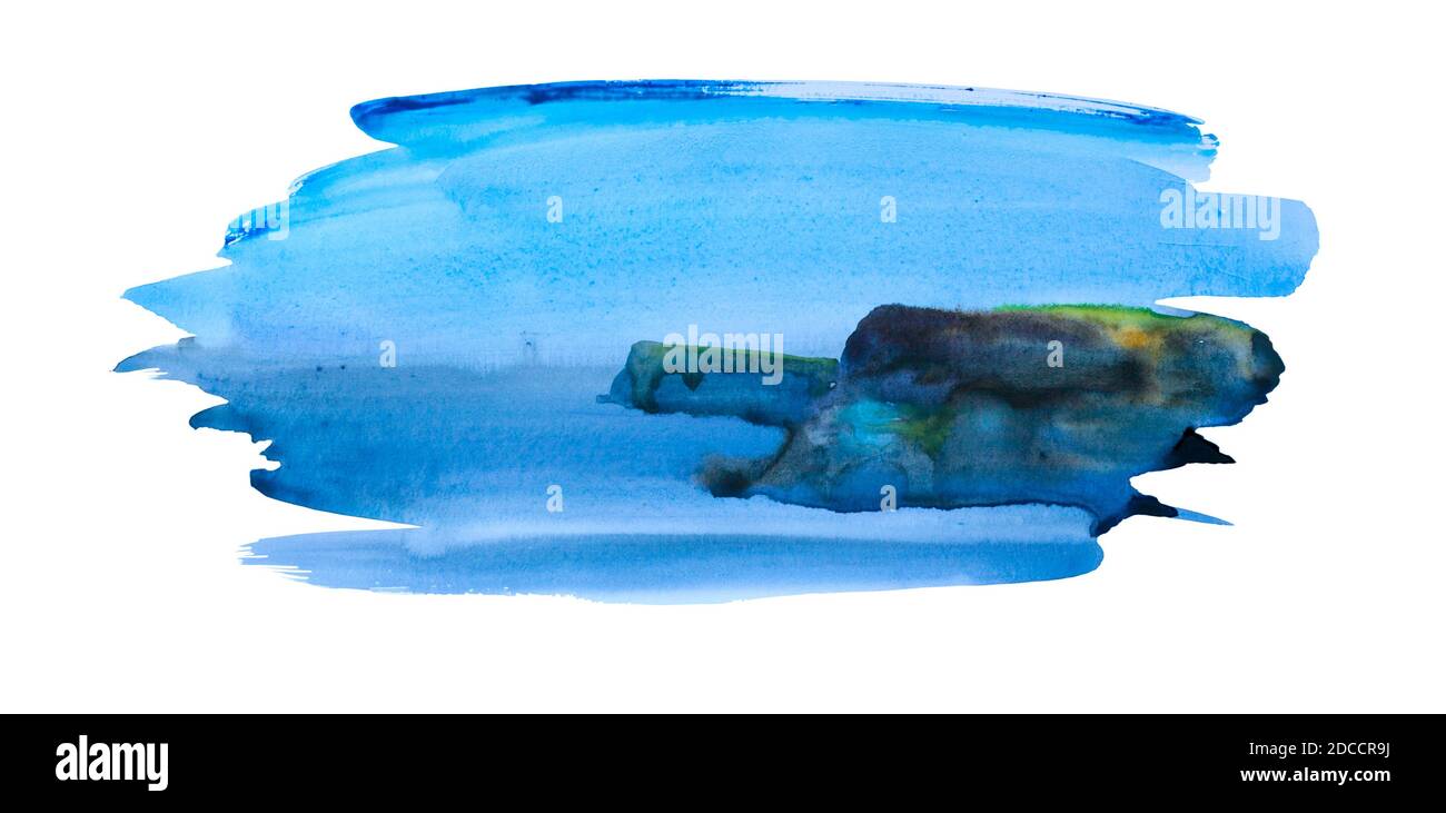 Abstrakte Aquarelllandschaft mit felsiger Küste und dem Meer, handbemalt und isoliert auf weißem Hintergrund. Blaue einfache Kulisse mit Klippen Stockfoto