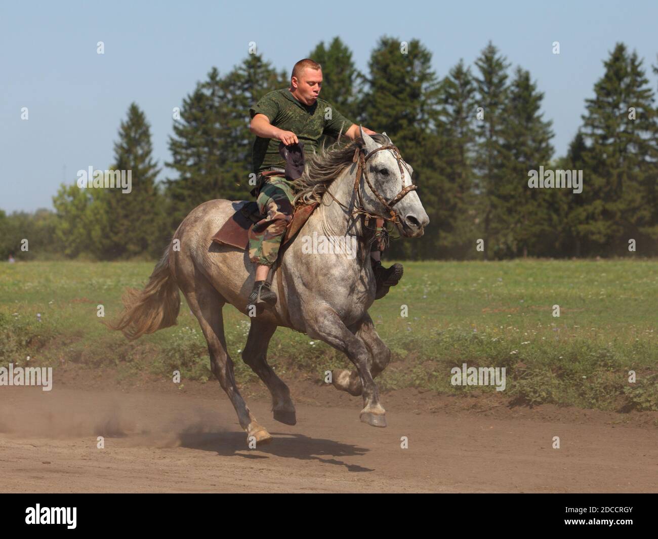 Russische Reiter treten in einem Wettbewerb auf einem Novotomnokovo Country-Messe-Event Stockfoto