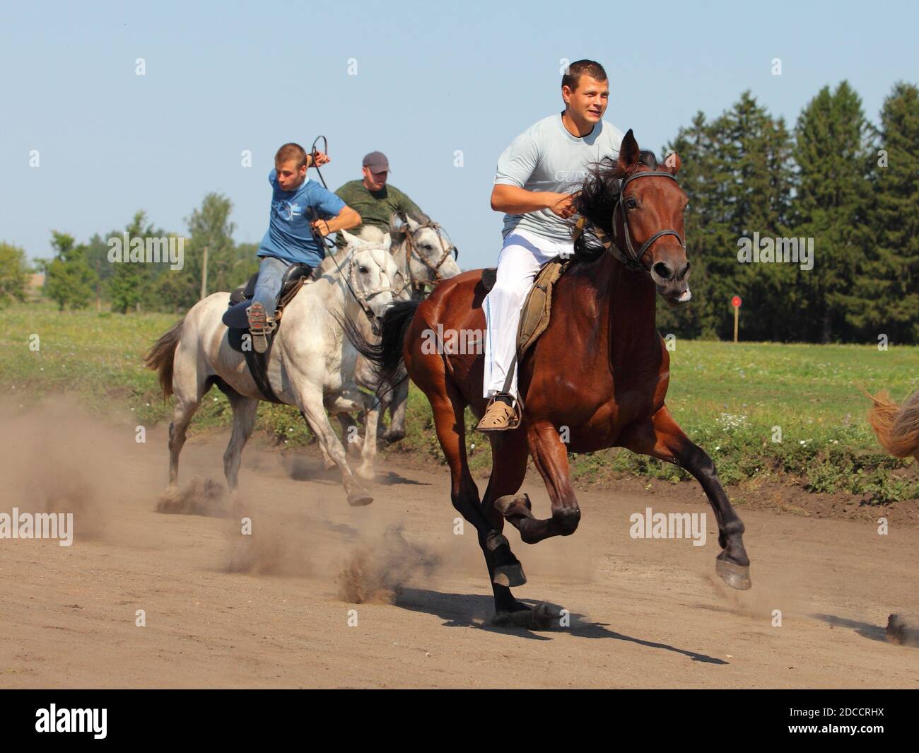 Russische Reiter treten in einem Wettbewerb auf einem Novotomnokovo Country-Messe-Event Stockfoto