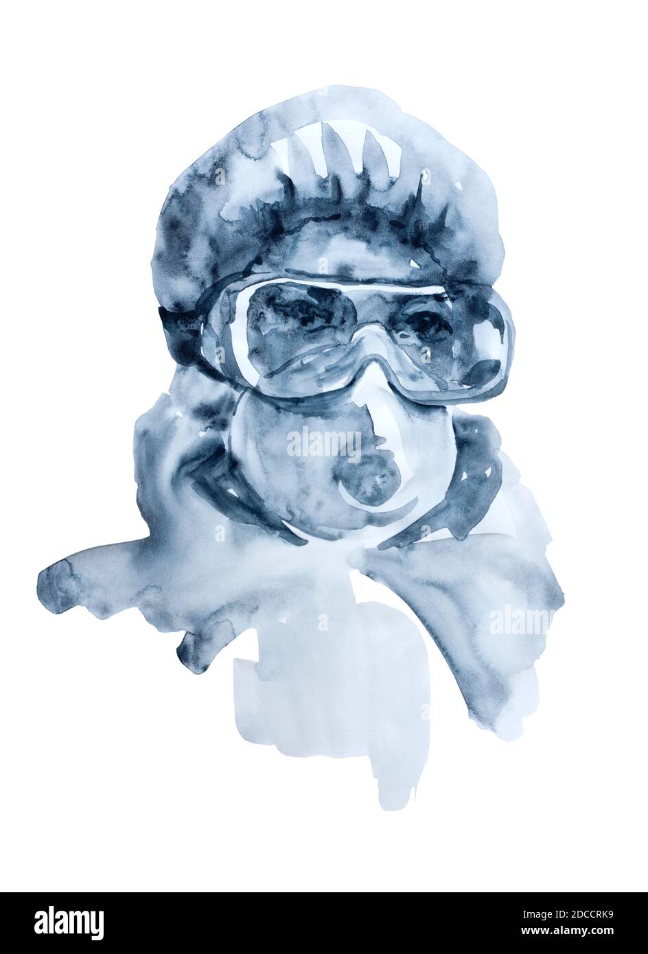 Aquarell-Illustration von Arzt oder Krankenschwester in persönlichen Schutzausrüstung wie Brille, Atemschutzmaske und Abdeckung. Handbemalt in schwarz und blau Konzept i Stockfoto