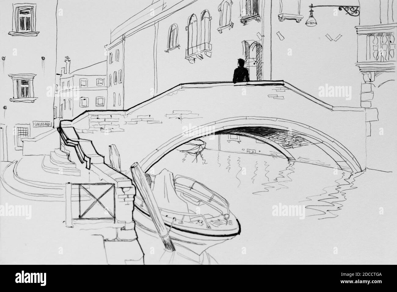 Einsamer Mann in Venedig Brücke architektonischen Stift Skizze Illustration Stockfoto
