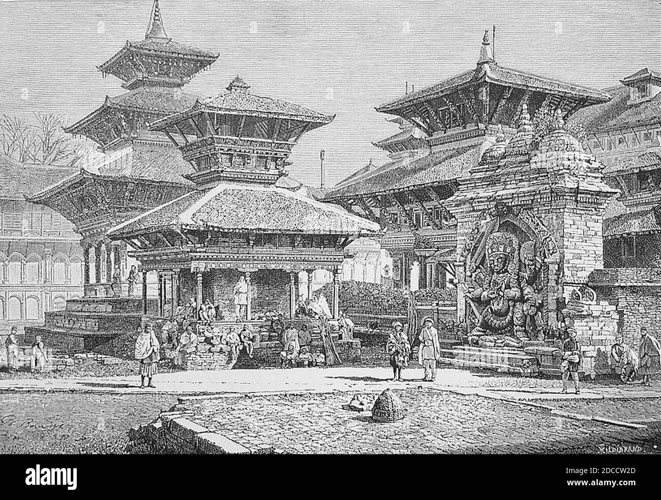 Kathmandu Tempel mit Blick auf den königlichen Palast, ein Holzstich, 1884. Stockfoto
