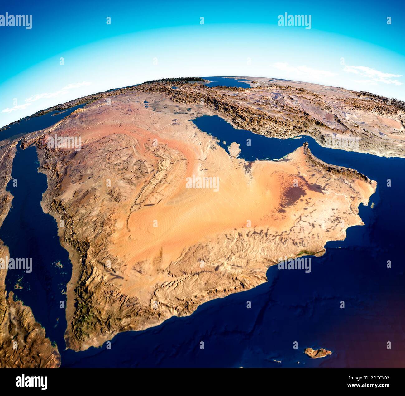 Karte der Arabischen Halbinsel, Naher Osten, Karte mit Relief und Bergen. Jemen, Oman, Saudi-Arabien, Vereinigte Arabische Emirate, Iran Stockfoto