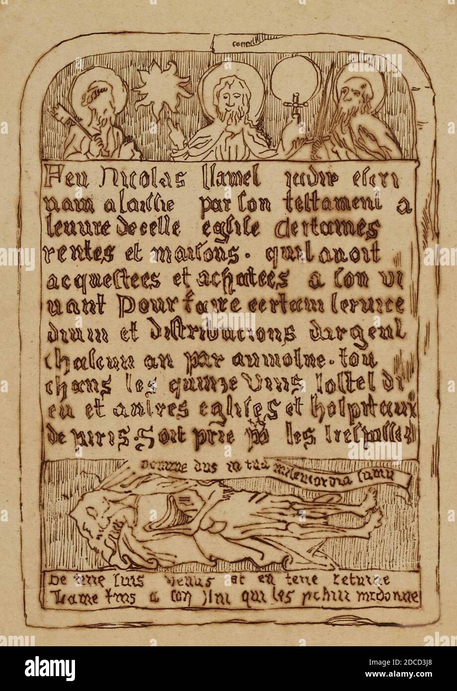 Grabstein von Nicolas Flamel, französischer Schreiber Stockfoto