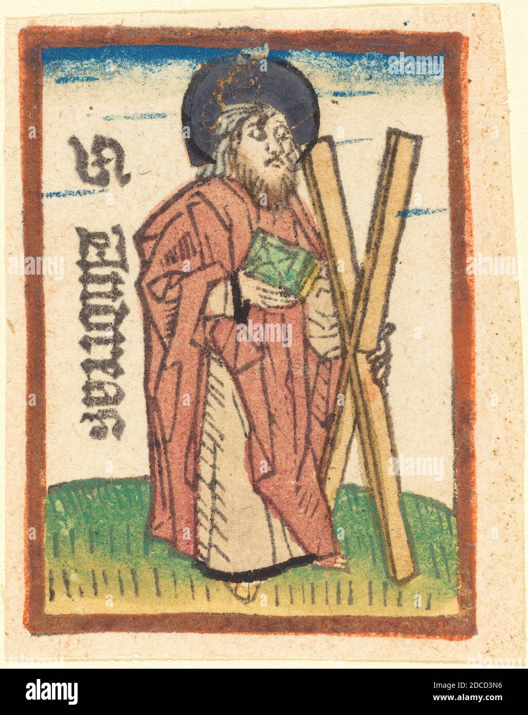 Deutsch 15. Jahrhundert, (Künstler), St. Andrew, c. 1480, Holzschnitt, handgefärbt in Rose, grün, gelb, blau, Gold und rot-orange Stockfoto