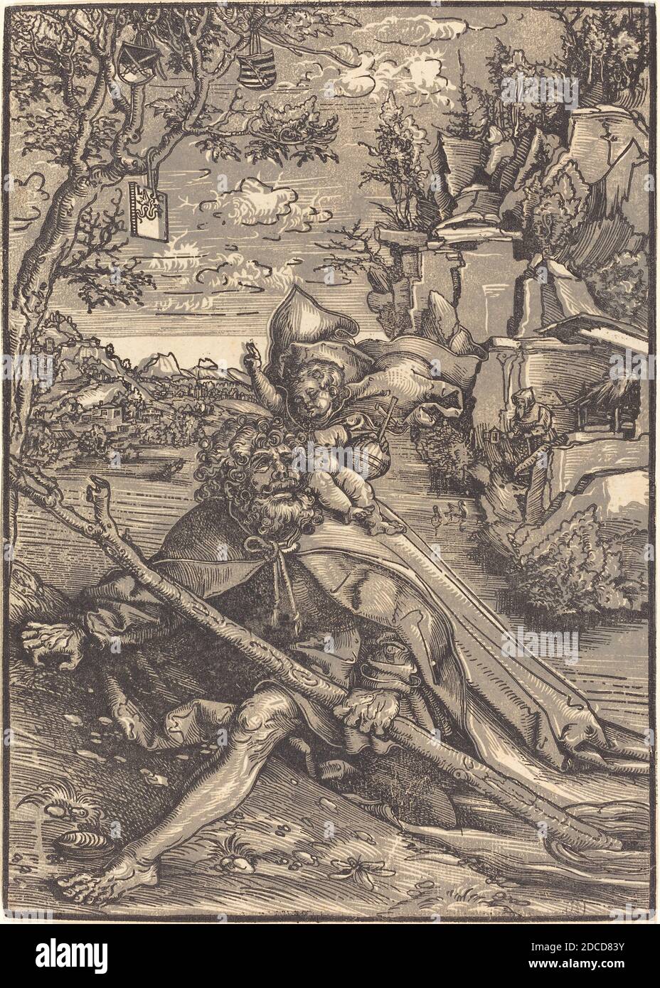 Lucas Cranach der Ältere, (Künstler), deutsch, 1472 - 1553, Saint Christopher, 1506, Chiaroscuro-Holzschnitt in grau und schwarz Stockfoto