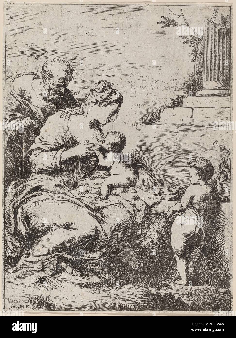 Bartolomeo Biscaino, (Künstler), Genua, 1629 - 1657, die Heilige Familie mit dem Heiligen Johannes, Radierung Stockfoto