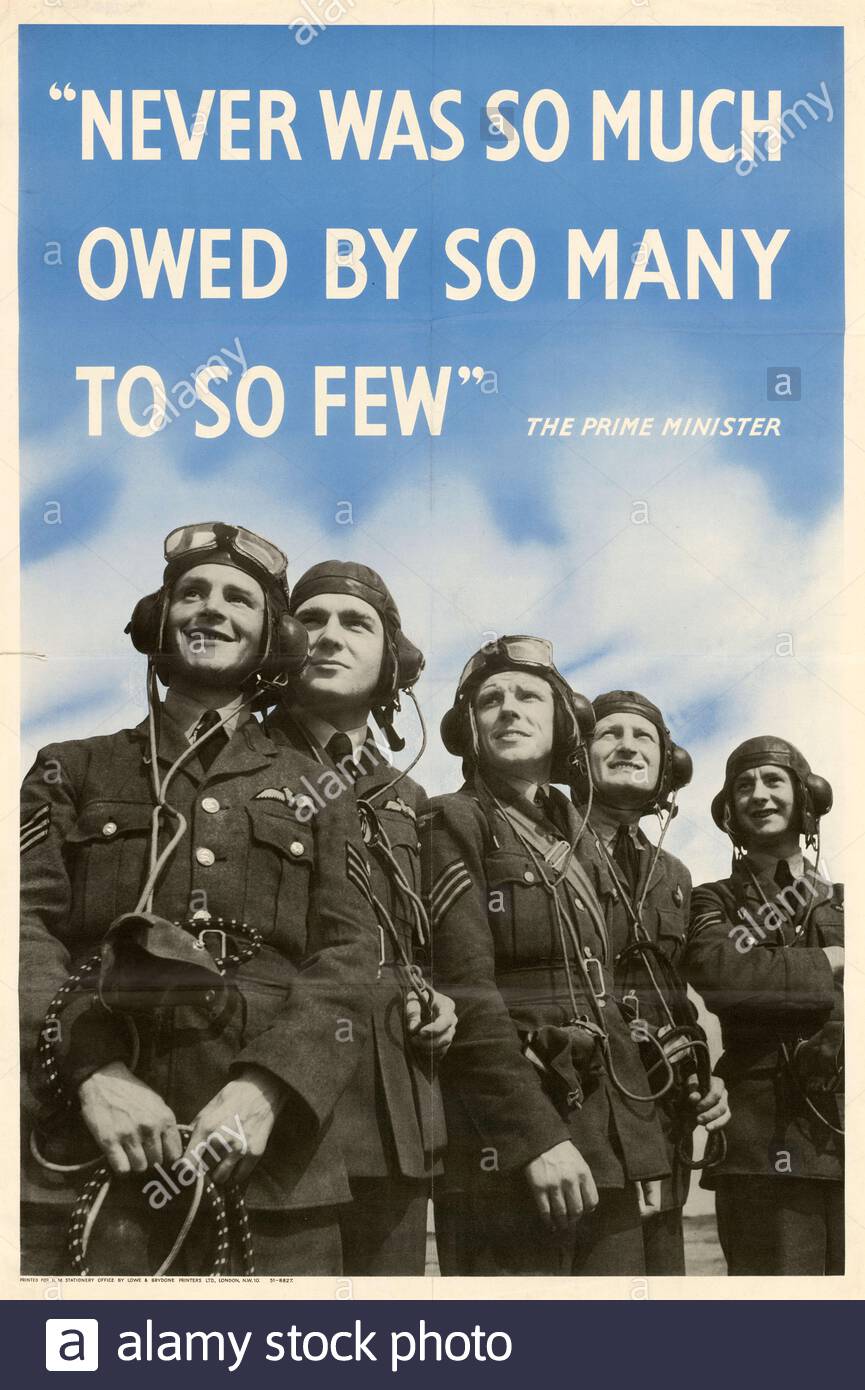 Britisches Plakat für öffentliche Informationspropaganda im 2. Weltkrieg - nie War so viel von so vielen so wenigen schuldig - Winston Churchill Stockfoto
