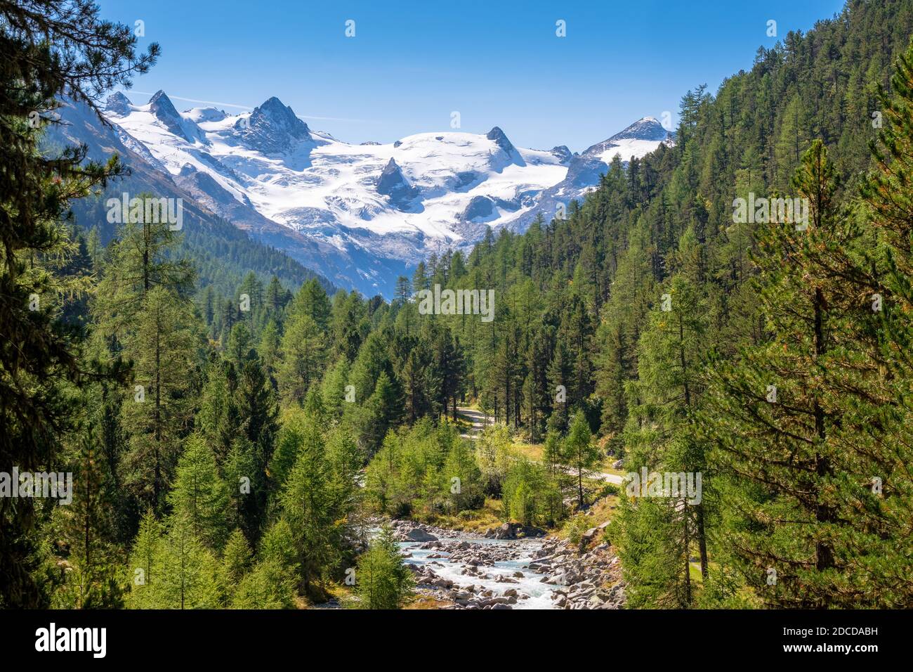 Wunderschöne Natur des Roseg-Tals im September. Es ist ein Tal der Schweizer Alpen, auf der Nordseite der Berninabahn in Graubünden Stockfoto