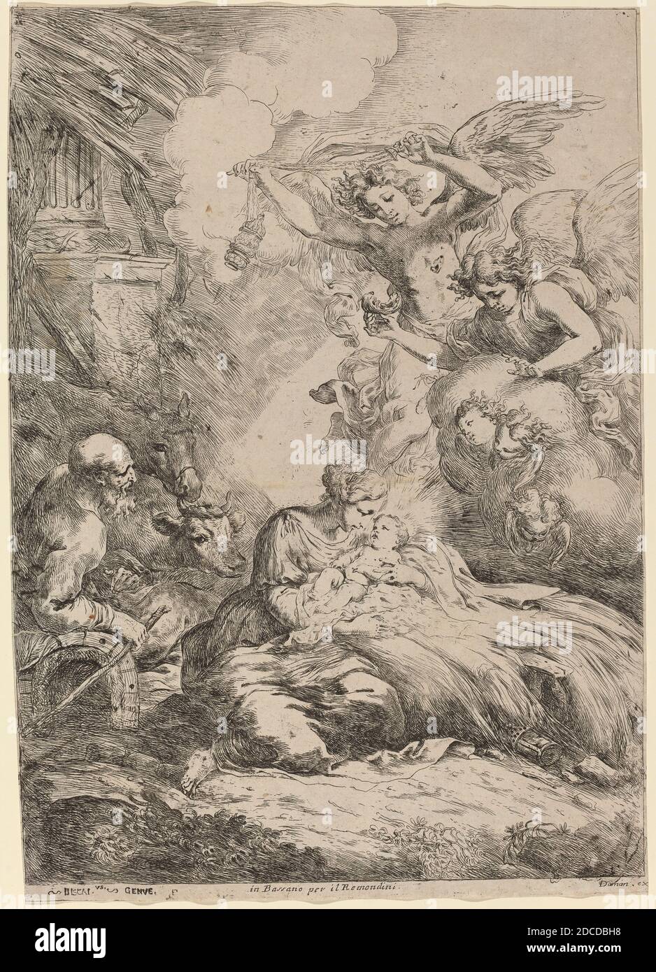 Bartolomeo Biscaino, (Künstler), Genua, 1629 - 1657, die Heilige Familie von Engeln verehrt (die große Geburt Christi), Radierung Stockfoto