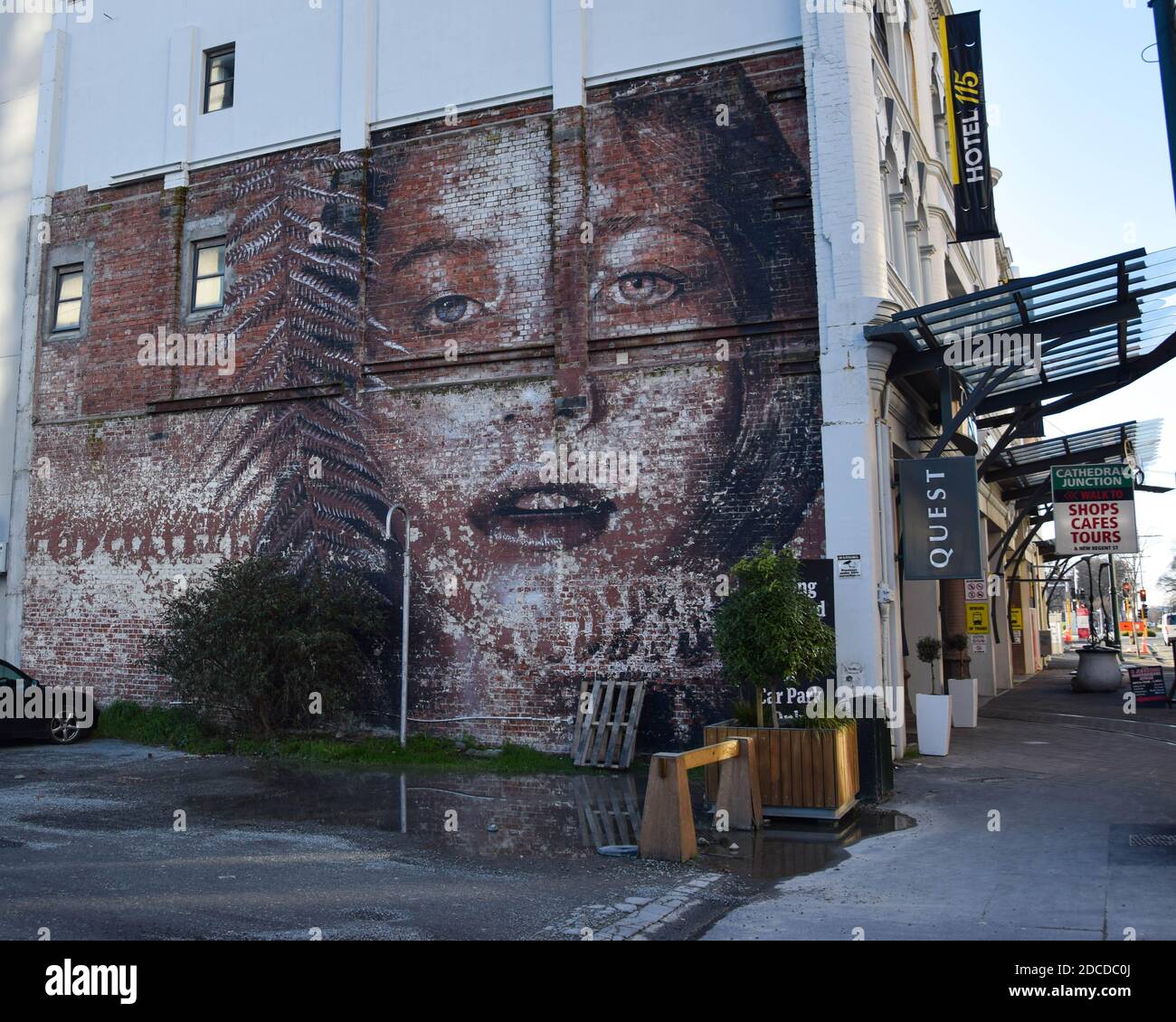 Wandkunst an der Gebäudeseite in Christchurch Stockfoto