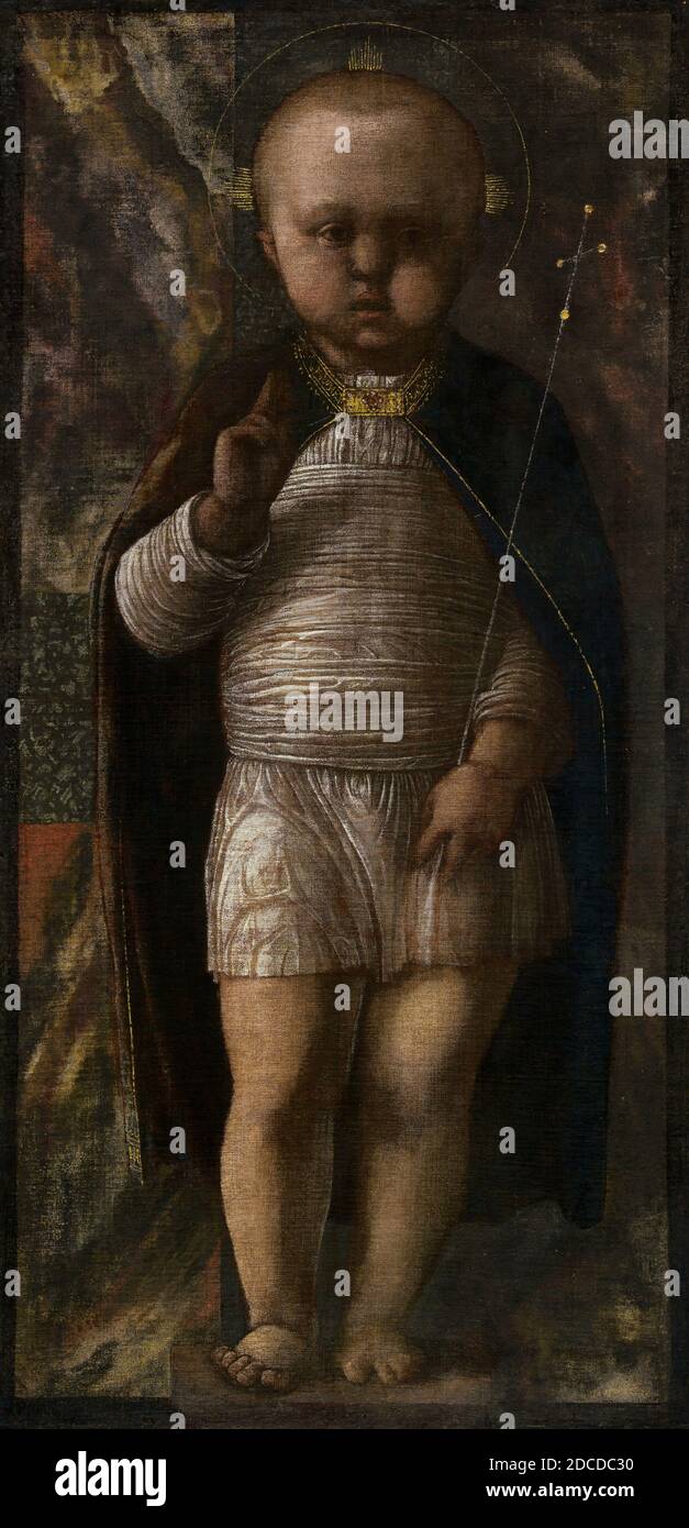 Andrea Mantegna, (Künstler), Paduan, c. 1431 - 1506, das Kind Erlöser, c. 1460, Tempera auf Leinwand, insgesamt: 70.2 x 34.3 cm (27 5/8 x 13 1/2 Zoll), gerahmt: 86.4 x 51.4 x 7 cm (34 x 20 1/4 x 2 3/4 Zoll Stockfoto