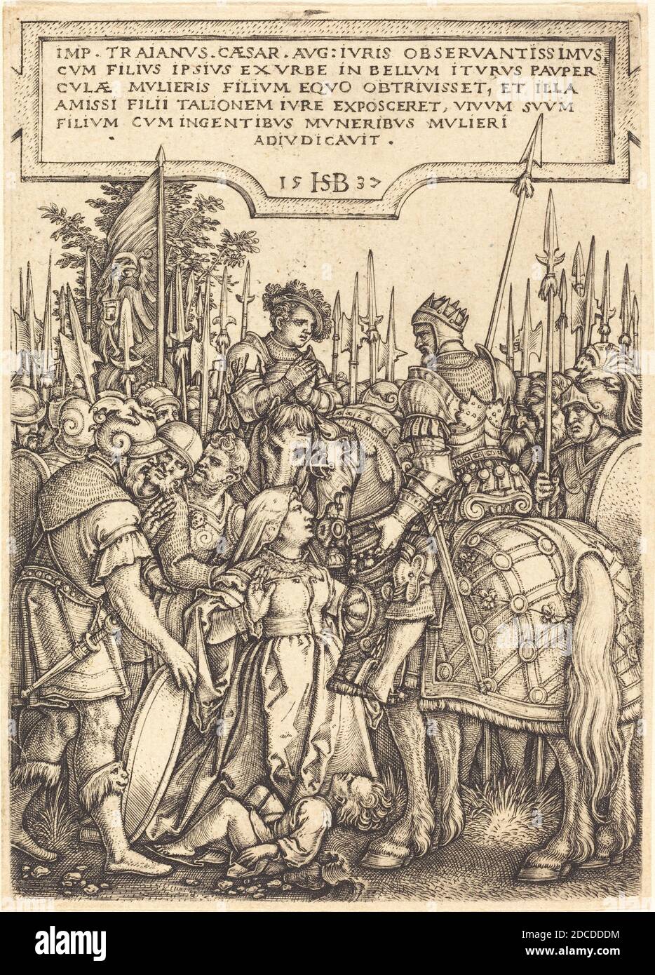 Sebald Beham, (Künstler), deutsch, 1500 - 1550, das Urteil von Trajan, 1537, Gravur Stockfoto