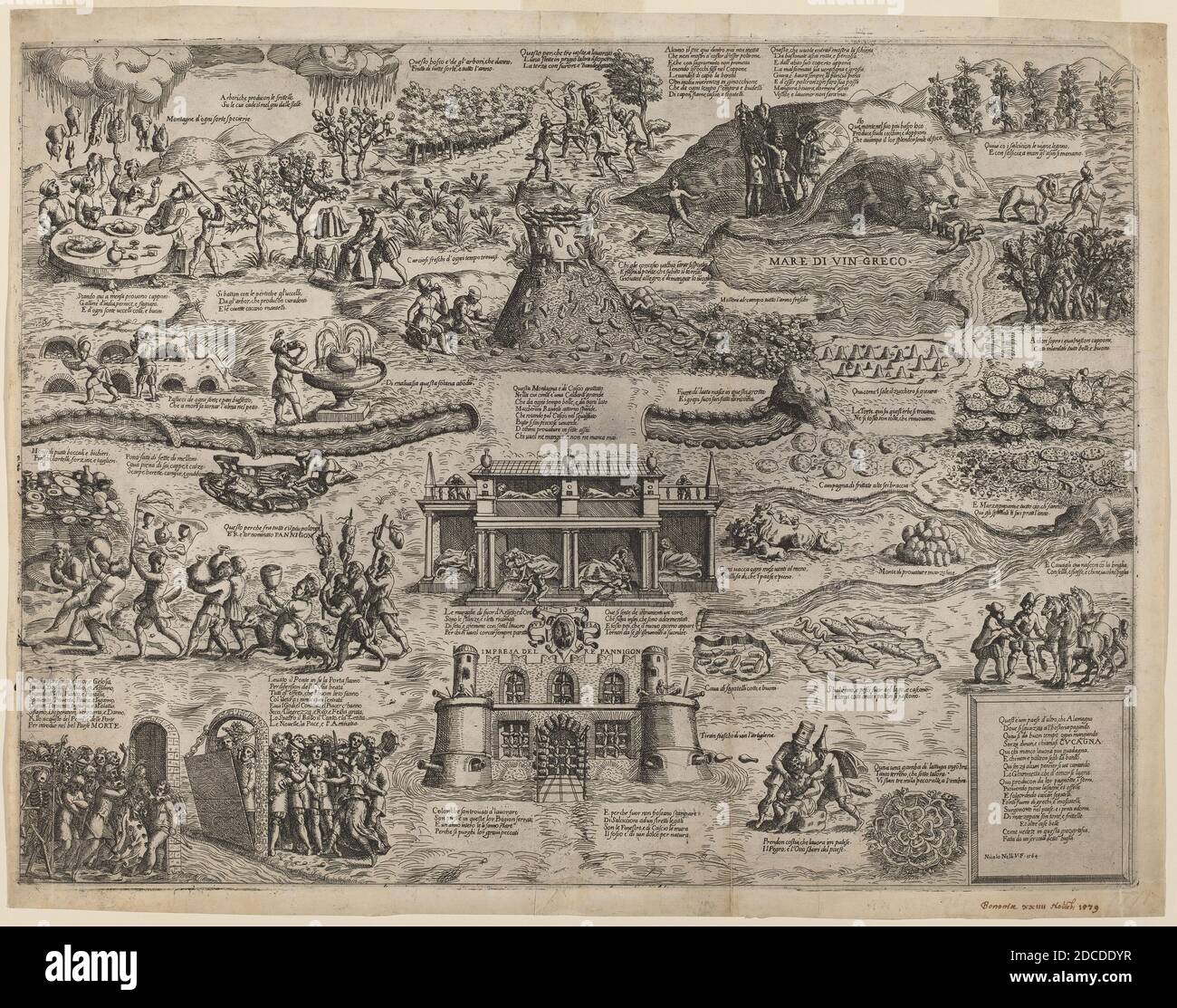 Niccolò Nelli, (Künstler), Italienisch, c. 1533 - c. 1575, das Land von Cockaigne, 1564, Radierung, Platte: 40.7 x 53.6 cm (16 x 21 1/8 Zoll), Blatt: 43.2 x 65.3 cm (17 x 25 11/16 Zoll Stockfoto