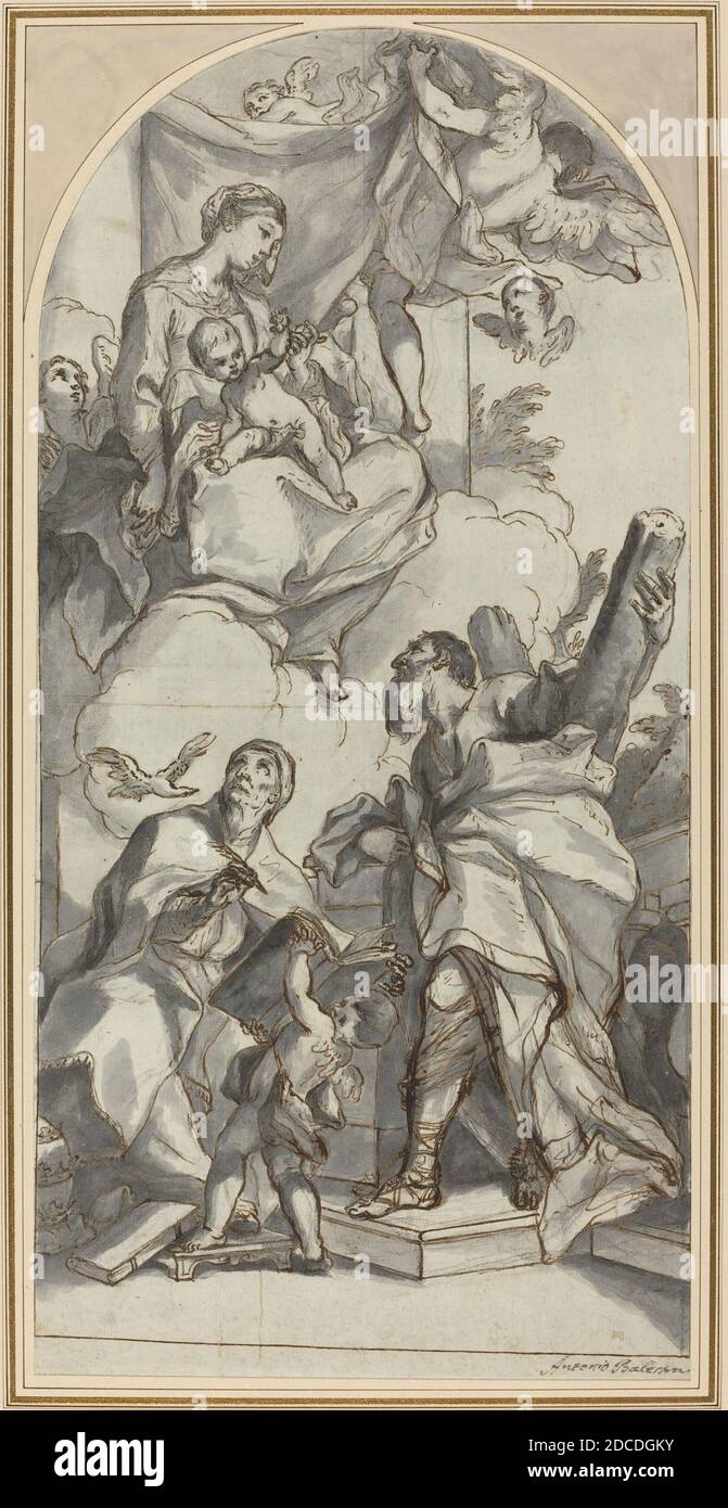 Antonio Balestra, (Künstler), Venetian, 1666 - 1740, die Madonna mit dem Kind in Herrlichkeit mit den Heiligen Gregor dem Großen und Andreas, 1734/1735, Stift und braune Tinte mit grauer WASH über schwarzer Kreide auf gegossenen Papier, insgesamt (Lünette): 46.8 × 22.7 cm (18 7/16 × 8 15/16 Zoll Stockfoto