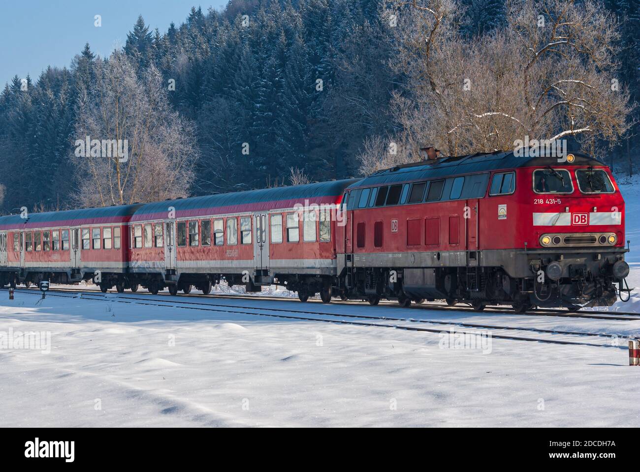 Diesellokomotive 218 431-5 mit DB Regio-Bussen auf den Gleisen auf der Schwäbischen Alb bei Grafeneck zwischen Münsingen und Marbach. Stockfoto