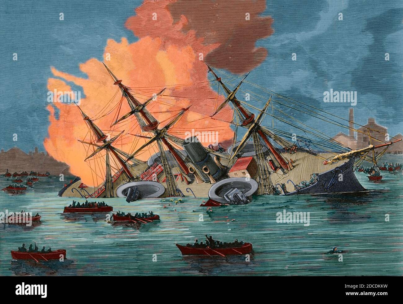 Frankreich, Toulon. Feuer des Kriegsschiffes 'Richelieu'. Szene, die den Untergang des Schiffes um 4 Uhr am 29. Dezember 1880 darstellt. Gravur. La Ilustracion Española y Americana, 1881. Spätere Färbung. Stockfoto