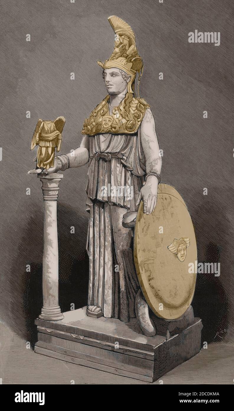 Nachbildung der Statue des klassischen griechischen Bildhauers Fidea der Göttin Athena (die römische Minerva), bekannt als 'Athena Parthenos'. Gravur von Rico. La Ilustracion Española y Americana, 1881. Spätere Färbung. Stockfoto