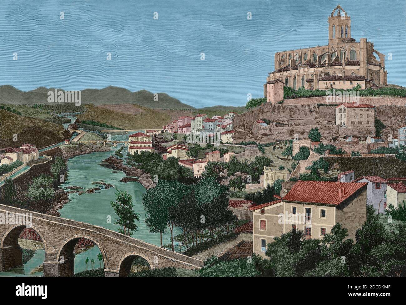 Spanien, Katalonien, Provinz Barcelona, Manresa. Blick auf die Stadt von der 'Pont Vell' (Alte Brücke), über den Cardener Fluss. Im Hintergrund die Kathedrale oder Basilika Santa Maria de la Seu. Gravur von Capuz. La Ilustracion Española y Americana, 1881. Spätere Färbung. Stockfoto