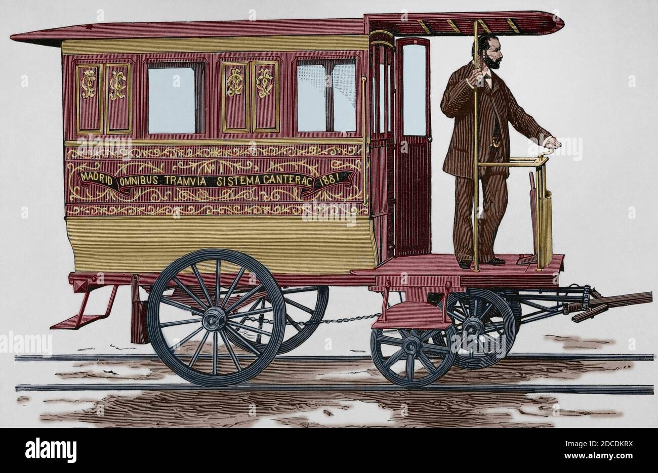 Spanien, Madrid. Bus-Straßenbahn mit Canterac-System, für Passagiere. Dieses von Jose Canterac Dominguez (Graf von Canterac) patentierte System ermöglichte es den Wagen, durch die Straßen und Straßen zu marschieren und sich den Straßenbahnschienen anzupassen, ohne dabei zu entgleisen. Städtischer Verkehr auf Straßenbahnschienen. Gravur. La Ilustracion Española y Americana, 1881. Spätere Färbung. Stockfoto