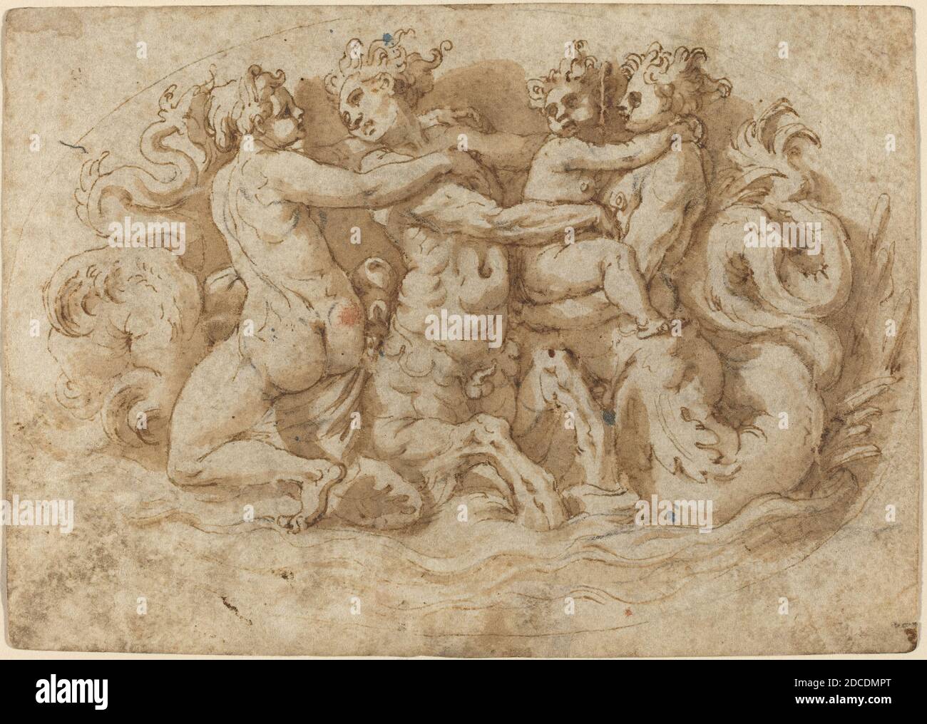 Pellegrino Tibaldi, (Künstler), Italienisch, 1527 - 1596, Tritons und Nymphen, Stift und braune Tinte mit brauner Farbe über schwarzer Kreide, insgesamt (ca.): 11.6 x 16.2 cm (4 9/16 x 6 3/8 Zoll Stockfoto