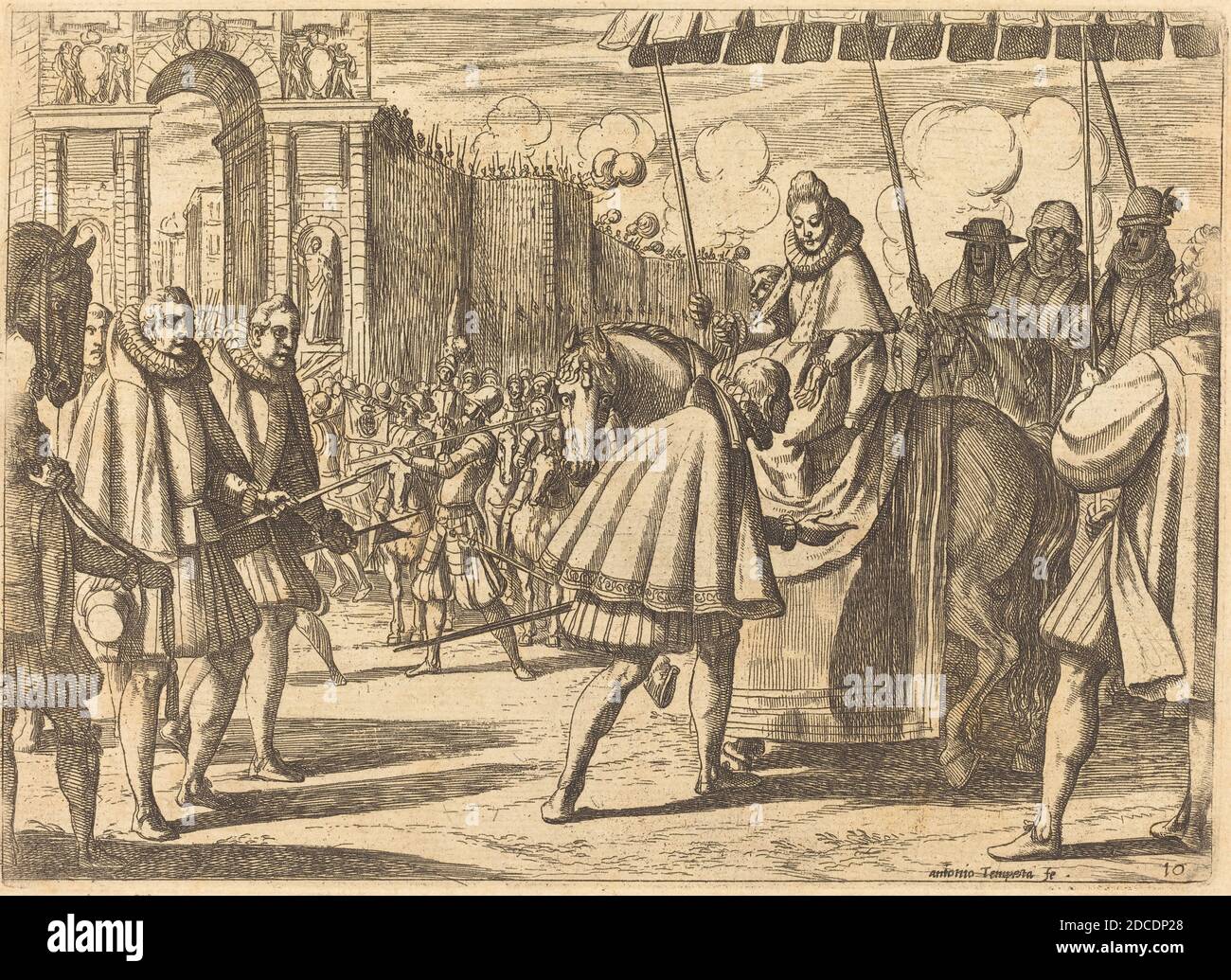 Antonio Tempesta, (Künstler), Florentine, 1555 - 1630, triumphaler Eintrag der Margarete von Österreich, das Begräbnisbuch der Königin von Spanien, (Serie), 1612, Radierung Stockfoto