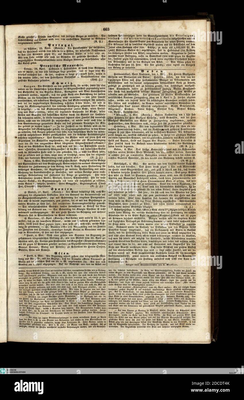 Karlsruher Zeitung Nr. 124 08. Mai 1843 Seite 663. Stockfoto