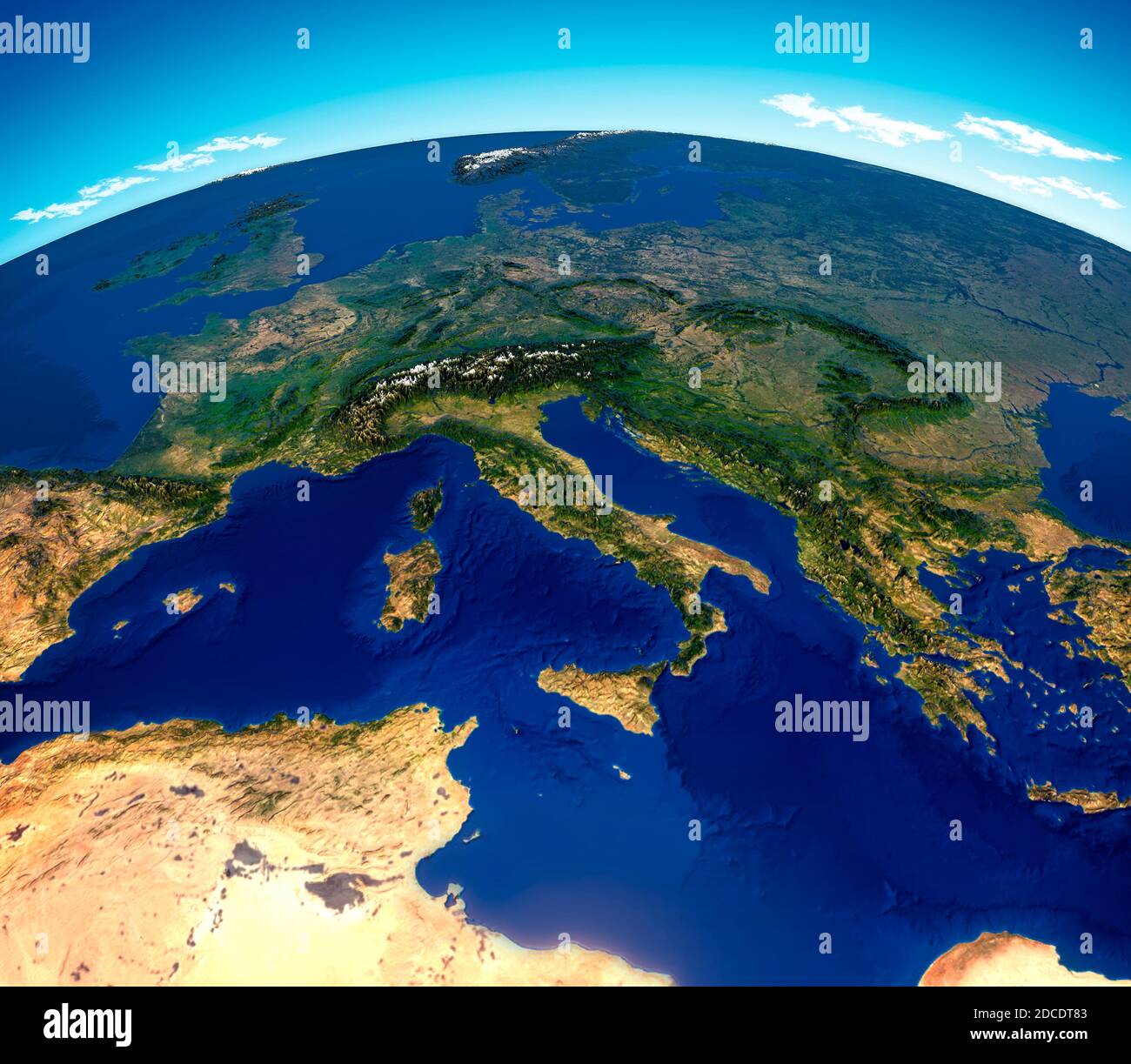 Karte des zentralen Mittelmeers, physische Karte, Süd- und Mitteleuropa. 3d Rendering, Reliefs und Berge. Mittelmeer. Italien, Frankreich, Spanien, Deutschland Stockfoto