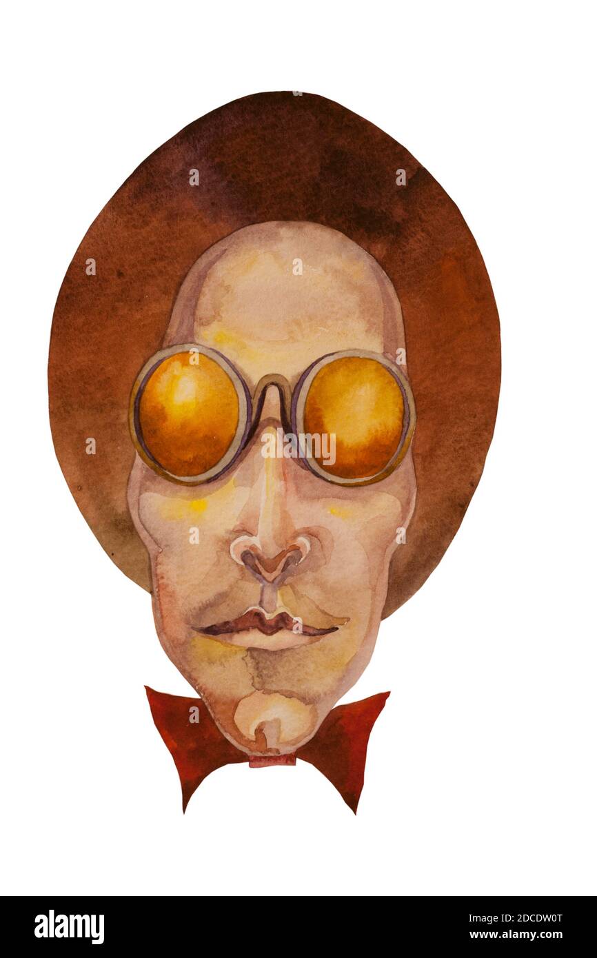 Mann in runden Sonnenbrillen und Hut Cartoon-Stil Aquarellmalerei Stockfoto