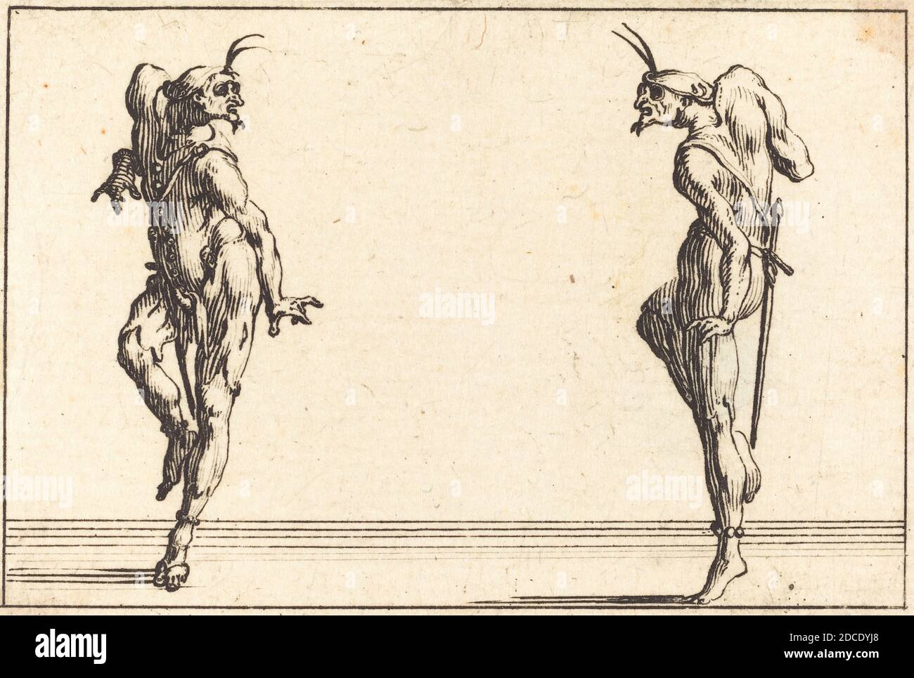Jacques Callot, (Künstler), Französisch, 1592 - 1635, zwei Pantaloons Tanzen, Capricci (Florenz-Serie), (Serie), c. 1617, Ätzen Stockfoto