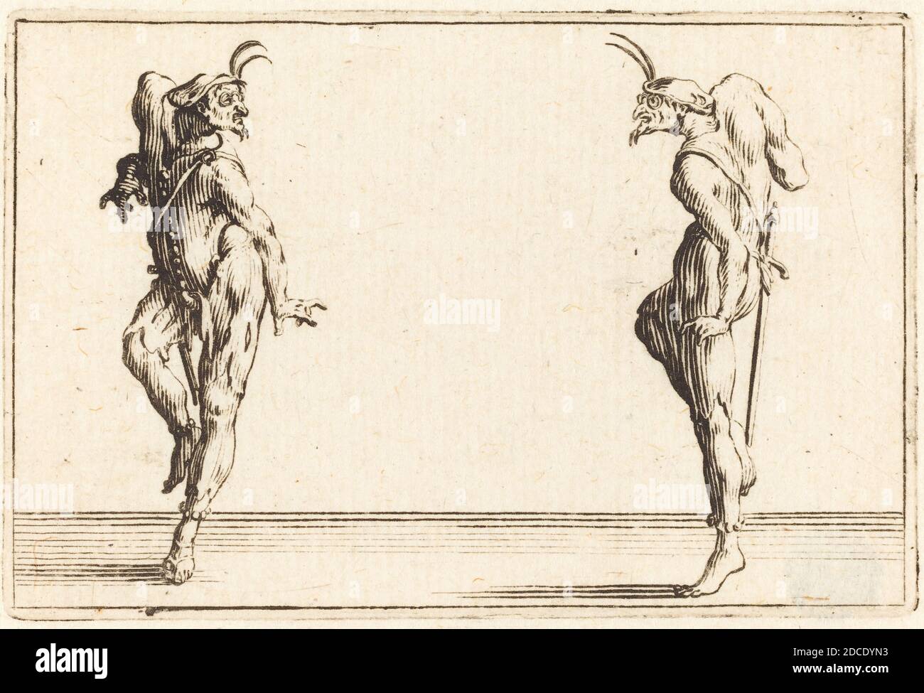 Jacques Callot, (Künstler), Französisch, 1592 - 1635, zwei Pantaloons Tanzen, Capricci (Nancy-Serie), (Serie), c. 1622, Ätzen Stockfoto