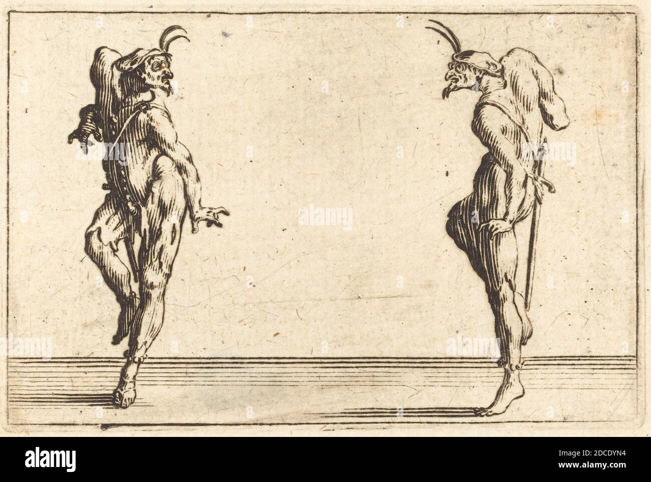 Jacques Callot, (Künstler), Französisch, 1592 - 1635, zwei Pantaloons Tanzen, Capricci (Nancy-Serie), (Serie), c. 1622, Ätzen Stockfoto