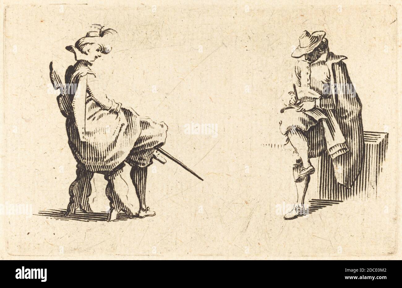 Jacques Callot, (Künstler), Französisch, 1592 - 1635, zwei sitzende Figuren, Capricci (Nancy-Serie), (Serie), c. 1622, Ätzen Stockfoto
