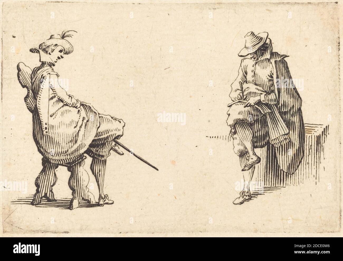 Jacques Callot, (Künstler), Französisch, 1592 - 1635, zwei sitzende Figuren, Capricci (Florenz-Serie), (Serie), c. 1617, Ätzen Stockfoto