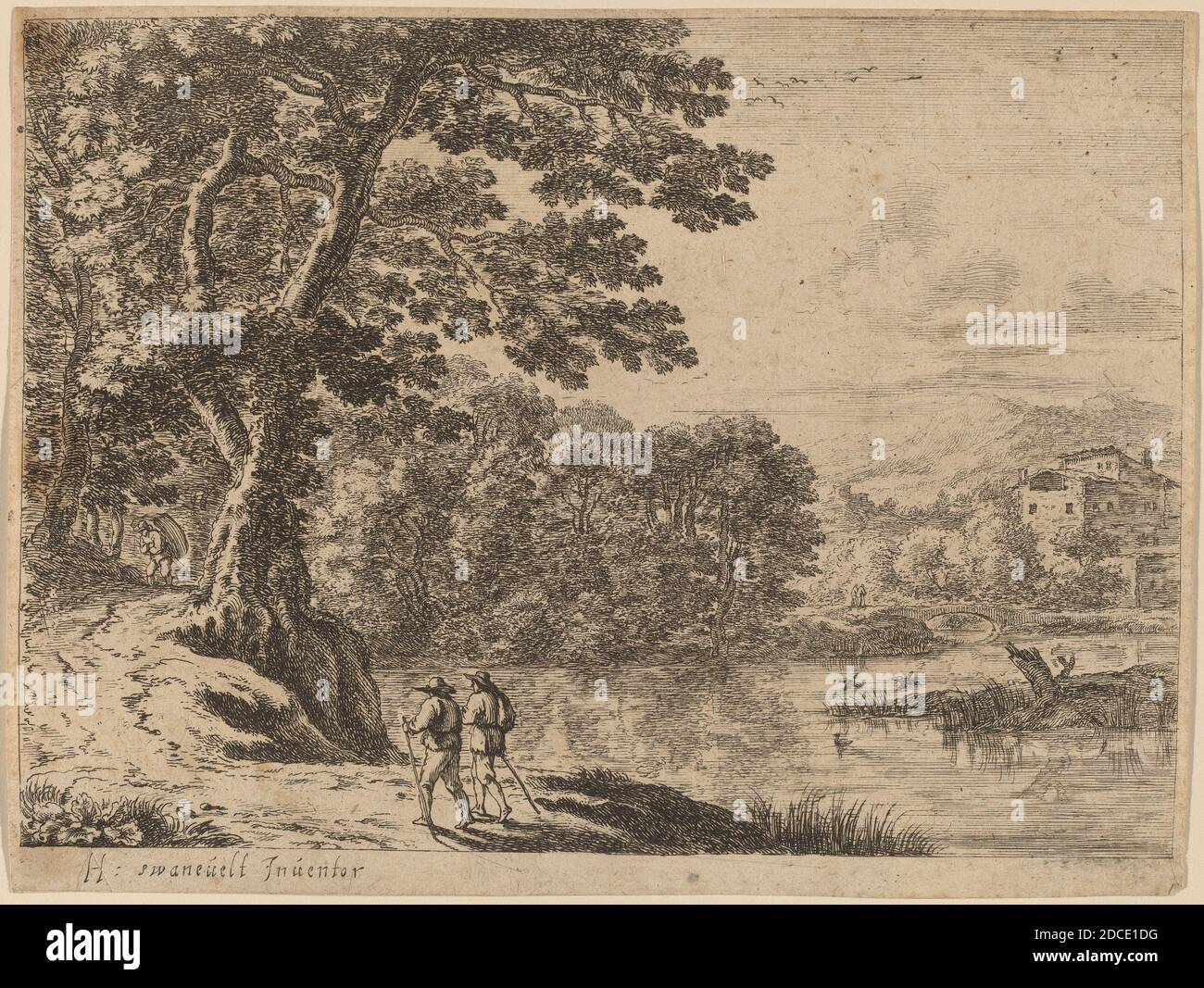Niederländisch 17. Jahrhundert, (Künstler), Herman van Swanevelt, (Künstler nach), Niederländisch, c. 1600 - 1655, zwei Reisende und ein Peddler, Radierung Stockfoto