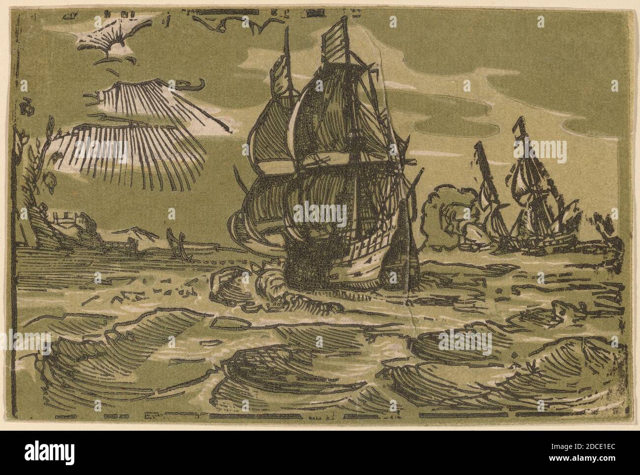 Hendrick Goltzius, (Künstler), Niederländisch, 1558 - 1617, zwei drei-Meister-Schiffe vor einer Küste, nach 1600, Chiarscuro Holzschnitt in zwei Schattierungen von Olive und Schwarz Stockfoto