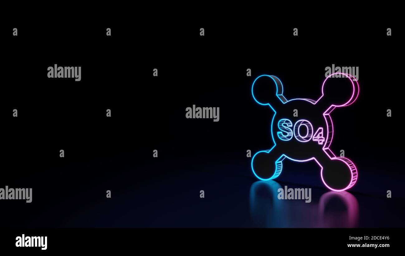 3d Rendering Techno neon lila blau leuchtenden Umriss Drahtmodell Symbol Von Sulfatmolekülen isoliert auf schwarzem Hintergrund mit glänzender Reflexion Auf dem Boden Stockfoto