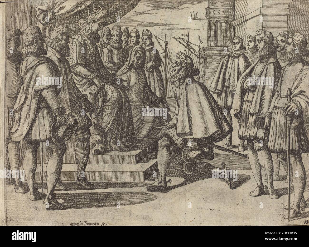 Antonio Tempesta, (Künstler), Florentine, 1555 - 1630, Spanischer Herzog vor Margarete von Österreich, das Begräbnisbuch der Königin von Spanien, (Serie), 1612, Radierung Stockfoto