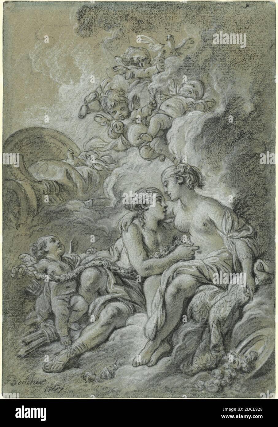 François Boucher, (Künstler), französisch, 1703 - 1770, Venus appuyee sur son cher Adonis ..., Album mit Zeichnungen & Drucken zu 'Les Metamorphoses d'Ovide', (Serie), 1767, schwarz-weiße Kreide auf verblichenem blauem Papier, insgesamt: 31.6 x 21.8 cm (12 7/16 x 8 9/16 Zoll Stockfoto