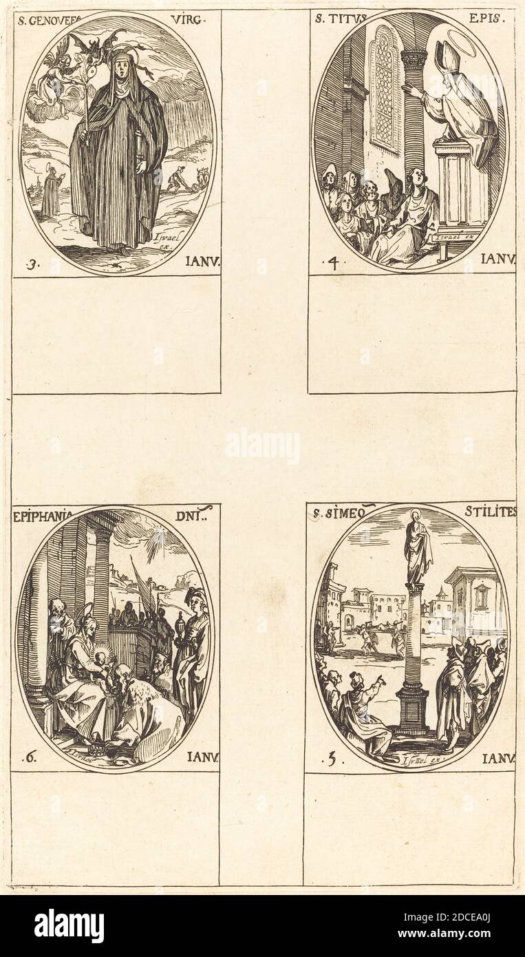 Jacques Callot, (Künstler), Französisch, 1592 - 1635, St. Genevieve; St. Titus; St. Simeon Stylites; Epiphanie, der Kalender der Heiligen, (Serie), Radierung Stockfoto