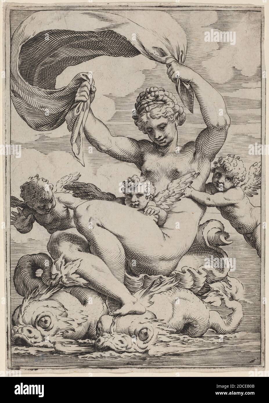 Agostino Carracci, (Künstler), Bolognese, 1557 - 1602, Venus oder Galatea unterstützt von Delphinen, c.. 1590/1595, Gravur Stockfoto