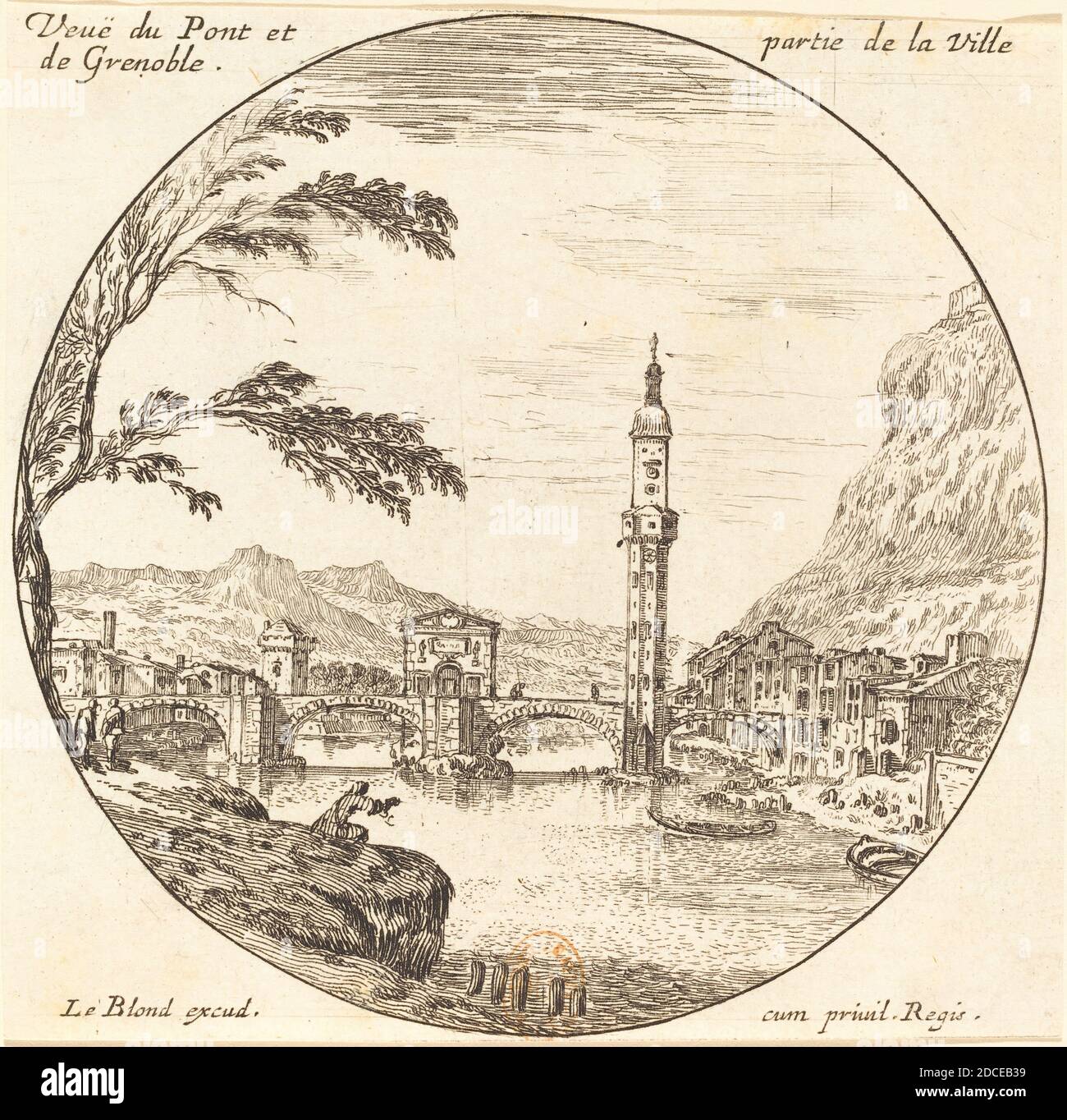 Israël Silvestre, (Künstler), Französisch, 1621 - 1691, Vue de Pont et Partie de la Ville de Grenoble, Vue des Grenoble: no.3, (Serie), Radierung Stockfoto