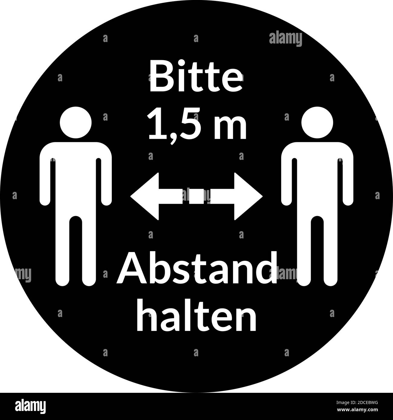 Bitte 1,5 m Abstand halten ('Bitte halten Sie eine Entfernung von 1,5 Metern') rund Social Distancing Instruction Sticker Icon. Vektorbild. Stock Vektor