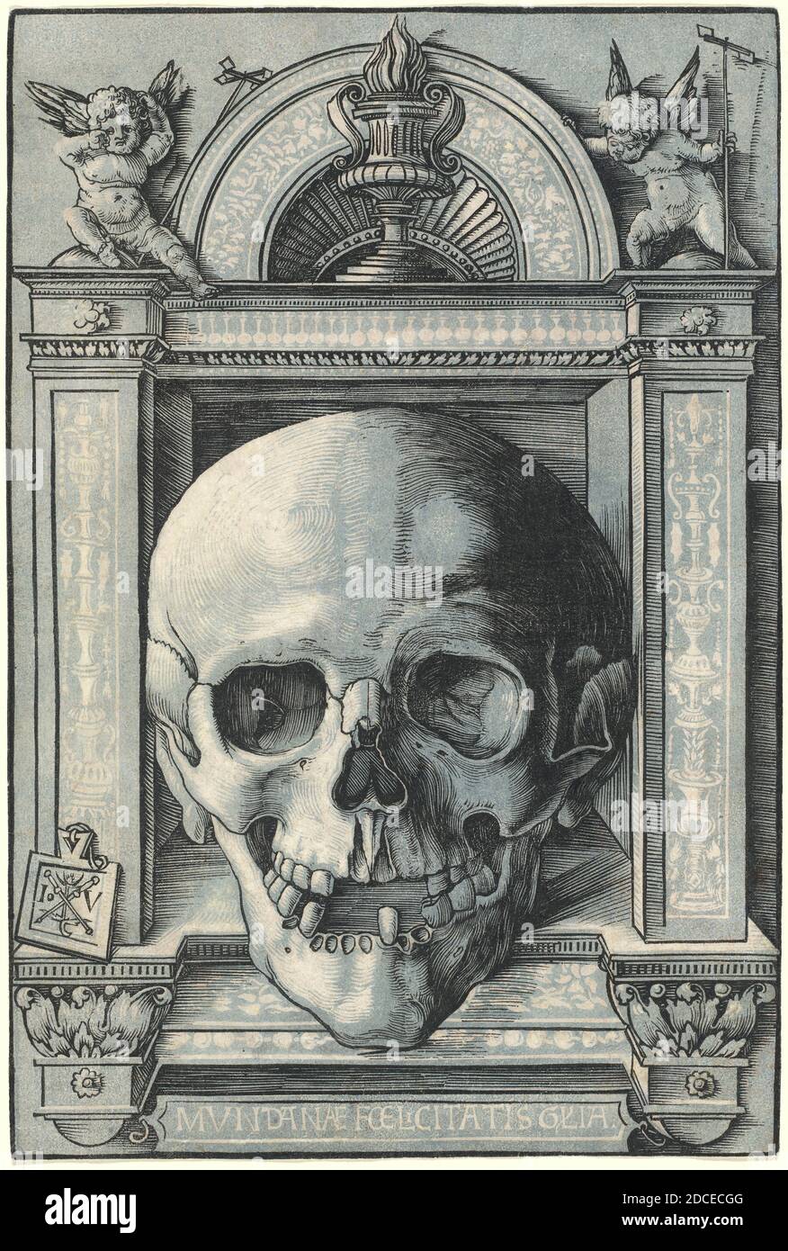 Hans Wechtlin I, (Künstler), deutsch, 1480/1485 - 1526 oder danach, Skull, 1520, Chiaroscuro-Holzschnitt in blau Stockfoto
