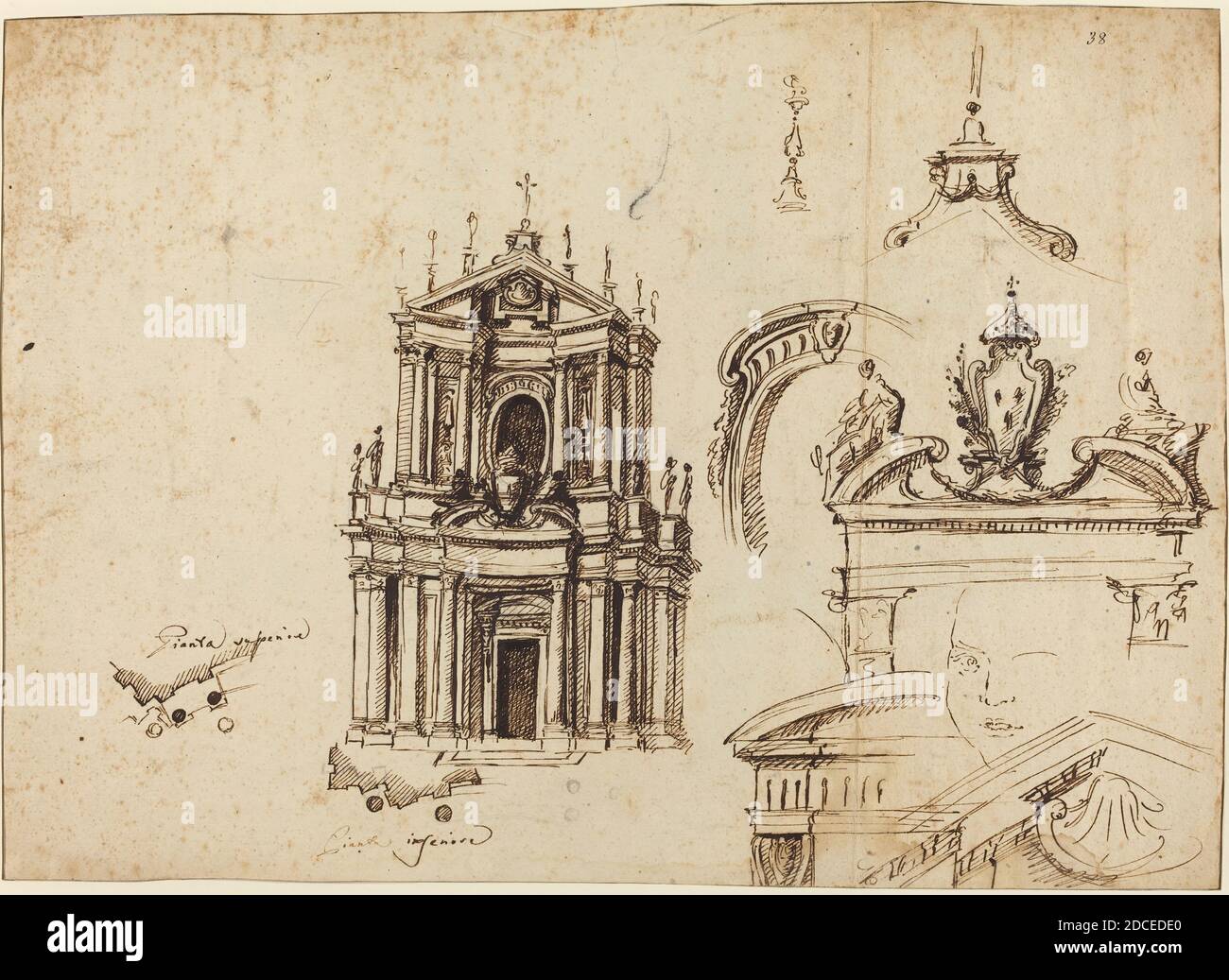 Filippo Juvarra, (Künstler), sizilianisch, 1678 - 1736, Studien für die façade von Santa Cristina, c. 1715, Stift und braune Tinte über schwarzer Kreide auf Papier, insgesamt (ca.): 30 x 41.5 cm (11 13/16 x 16 5/16 Zoll Stockfoto