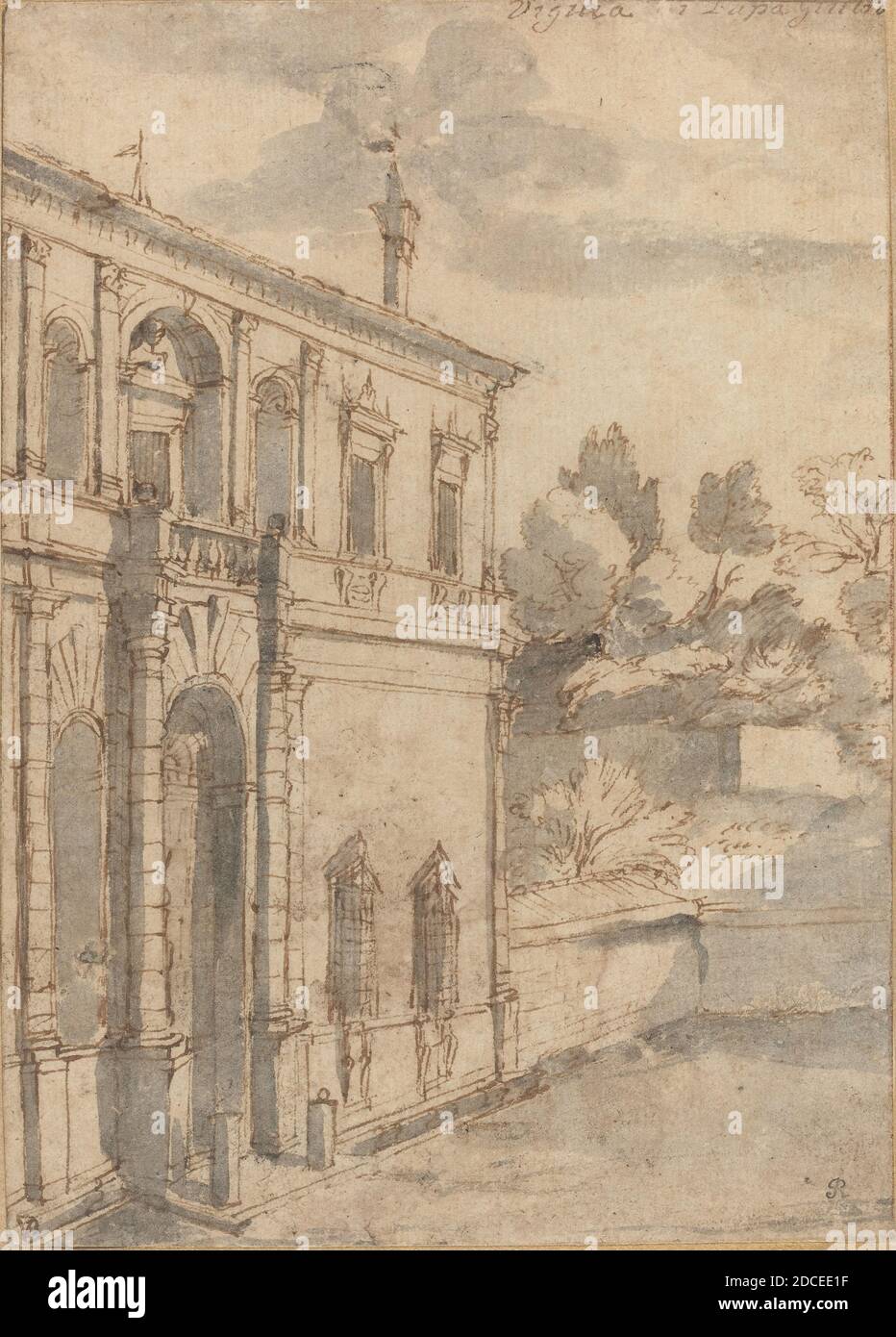 Claude Lorrain, (Künstler), französisch, 1604/1605 - 1682, Villa di Papa Giulio, c. 1635, Stift und braune Tinte mit grauem Waschmittel auf Papier, insgesamt: 18.6 x 13.3 cm (7 5/16 x 5 1/4 Zoll), Unterstützung: 23.9 x 18 cm (9 7/16 x 7 1/16 Zoll Stockfoto