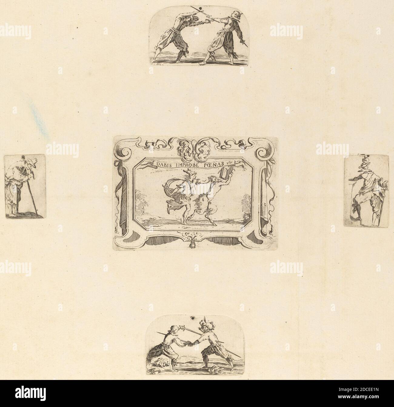 Stefano della Bella, (Künstler), Florentine, 1610 - 1664, Soldiers, Quadreria Medicea, Bd.3 (1986.50.11-108), (Serie), 5 Radierungen auf 1 Blatt Papier Stockfoto