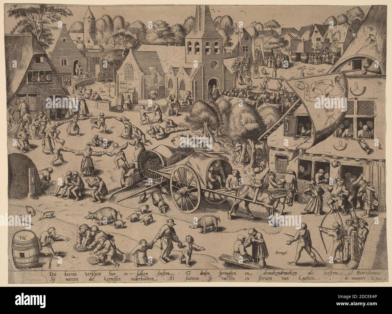 Franz Hogenberg, (Künstler), deutsch, vor 1540 - 1590?, Pieter Bruegel der Ältere, (Künstler nach), Flämisch, c. 1525/1530 - 1569, Bartholomaeus de Momper, (Verleger), Flämisch, geboren 1535, Dorfmesse in Hoboken, c.. 1559, Gravur, Blatt (auf Plattenmarkierung zugeschnitten): 29.3 x 40 cm (11 9/16 x 15 3/4 Zoll Stockfoto